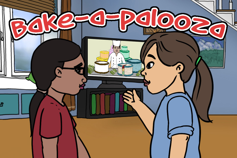 Bake-a-palooza title with two kids in front of TV