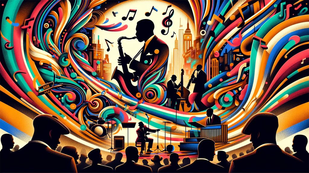 Man playing saxophone surrounded by swirl of colorful notes
