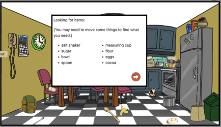List of items to find in search game, with kitchen scene background