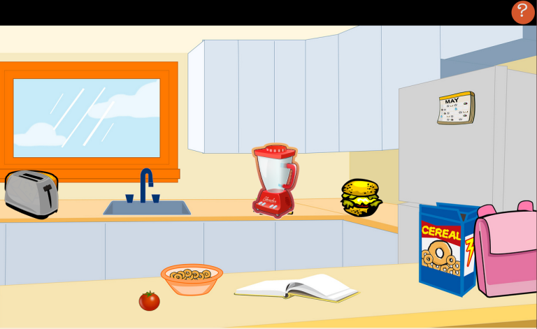 An image of a cartoon kitchen with various objects on the counters including a blender, toaster, tomato, cereal.