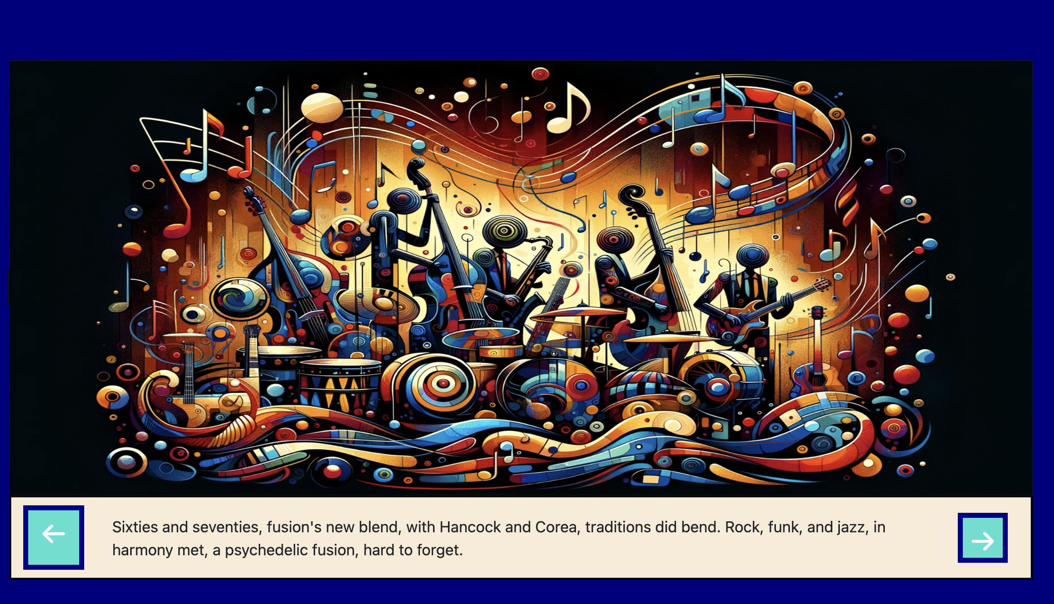 Colorful scene of robots playing musical instruments on a dark blue background with caption below with arrows in blue boxes for next and back.