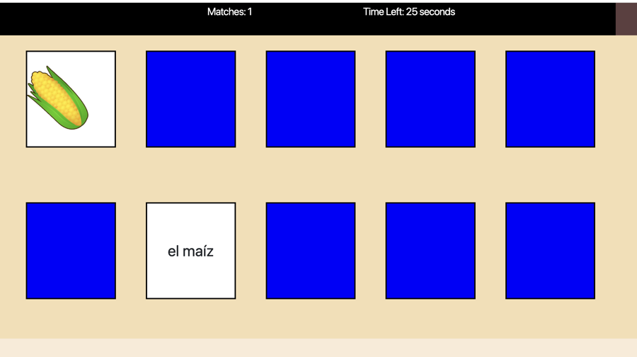 Card matching game showing image of corn and the text "el maíz"