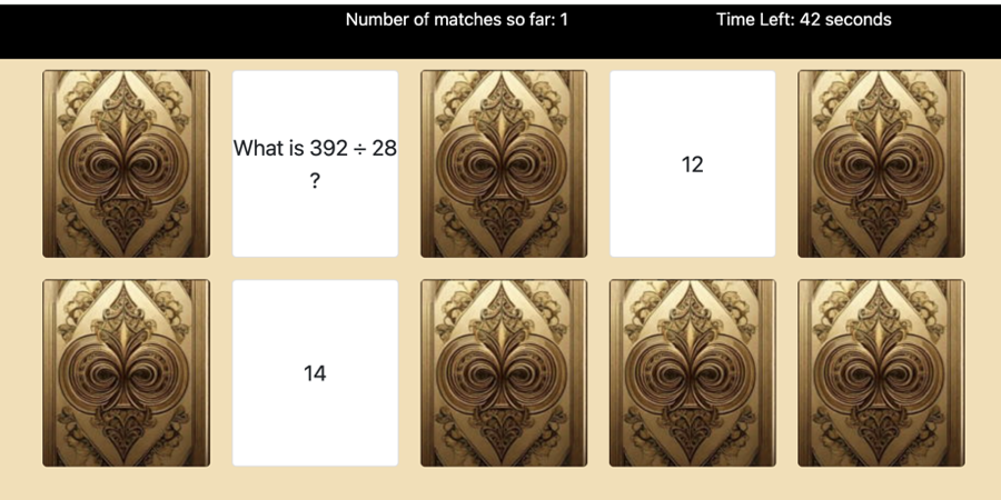 Memory game with 392 ÷ 28 and 14 as match