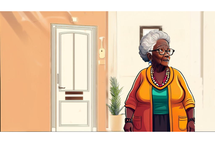 Older African-American woman about to go out the door