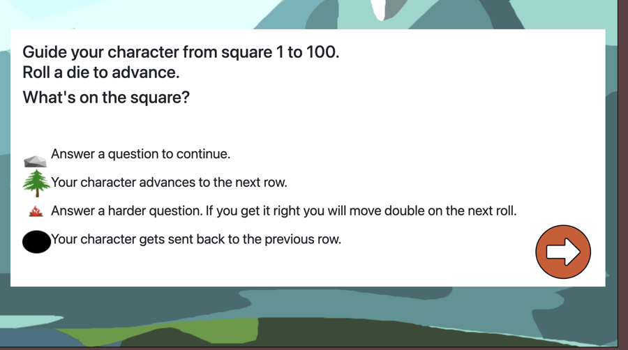 Guide your character from square 1 to 100.
Roll a die to advance.
What's on the square?
Empty square
rockAnswer a question to continue.
treeYour character advances to the next row.
Image of a fireAnswer a harder question. If you get it right you will move double on the next roll.
caveYour character gets sent back to the previous row.