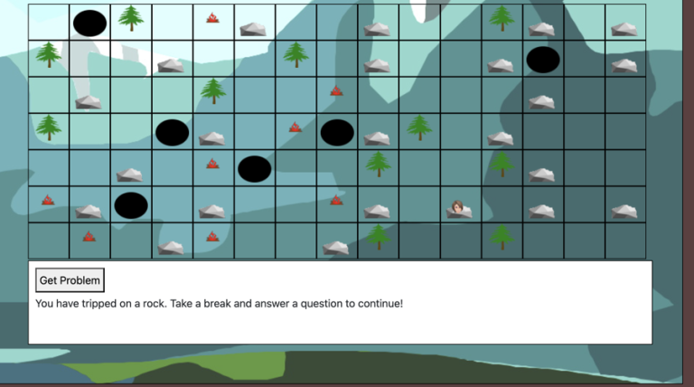 Game board for caves and trees game showing rocks, fire, tress and caves on the board. Caption says "Get Problem". You have tripped on a rock. Take a break and answer a question to continue