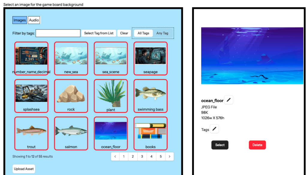 Asset manager screen showing ocean background selected
