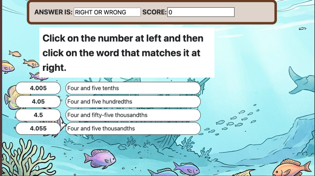 Screen showing example game with instructions at top, numbers on left and matches at right