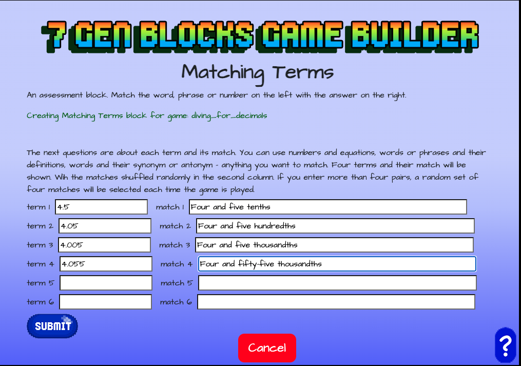 Screen where terms are entered on left and answer on right