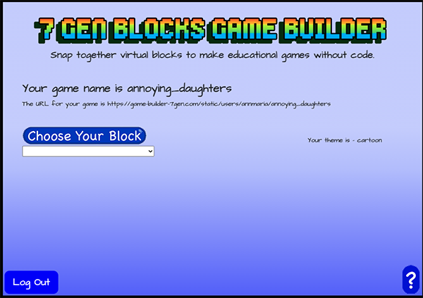 Screen with name of game and drop down menu that says Choose Your Block
