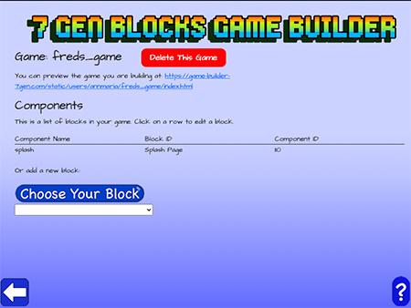 Main page for editing or deleting a block. Shows block names and a delete button