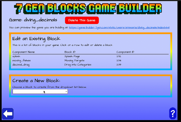 Screen with options to delete a game, edit a block or create a new block