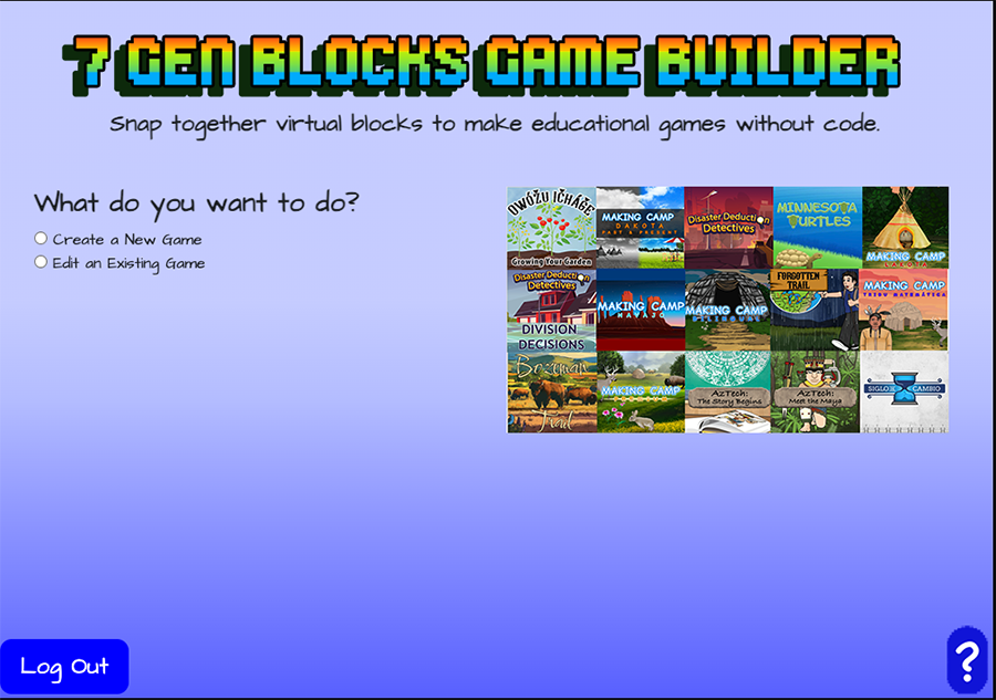 First page for building a game. Has choices of create a game or edit a game