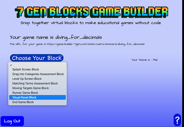 Screen to choose a block showing visual novel selected