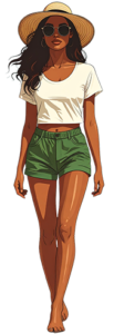 woman wearing hat, shorts and sunglasses