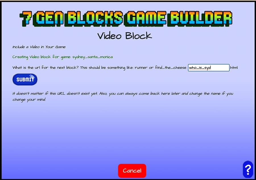 page asking for name of block to come after the video block